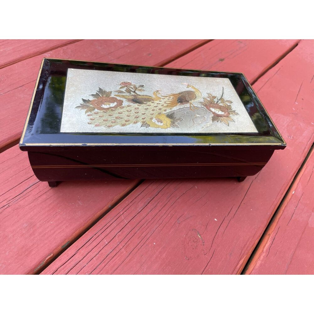 Vintage Japanese Lacquer Jewelry Box / Trinket Box with Peacock Motif